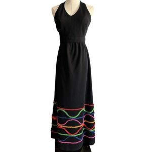 Vintage 70s Ruth Norman for Gay Gibson Black Halter Maxi Dress Rainbow Rick Rack
